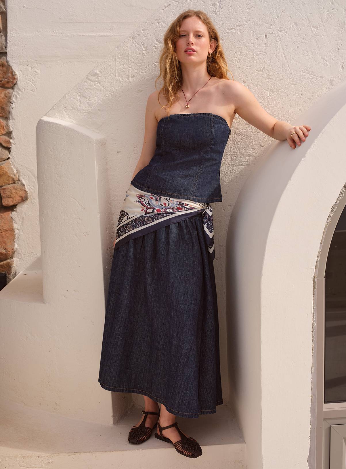 Dark Denim Linen Blend Shirred Full Skirt 18 - Image 1